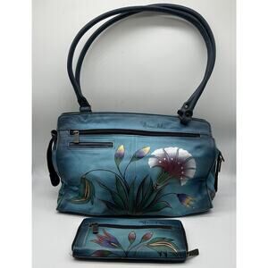 Anuschka Hand Painted Turkish Garden Floral Leather Satchel Purse w/ Zip Wallet